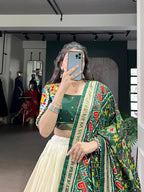 Lorenvalley Fashion Offwhite Tasar Silk Patola Print With Foil Work And Real Mirror Gamthi Work With Lace Touch Up Lehenga Choli with Dupatta