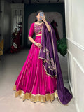 Lorenvalley Pink Chanderi Plain With Zari Line Gota Patti And Embossed Design Lace Touch Up Lehenga Choli with Dupatta