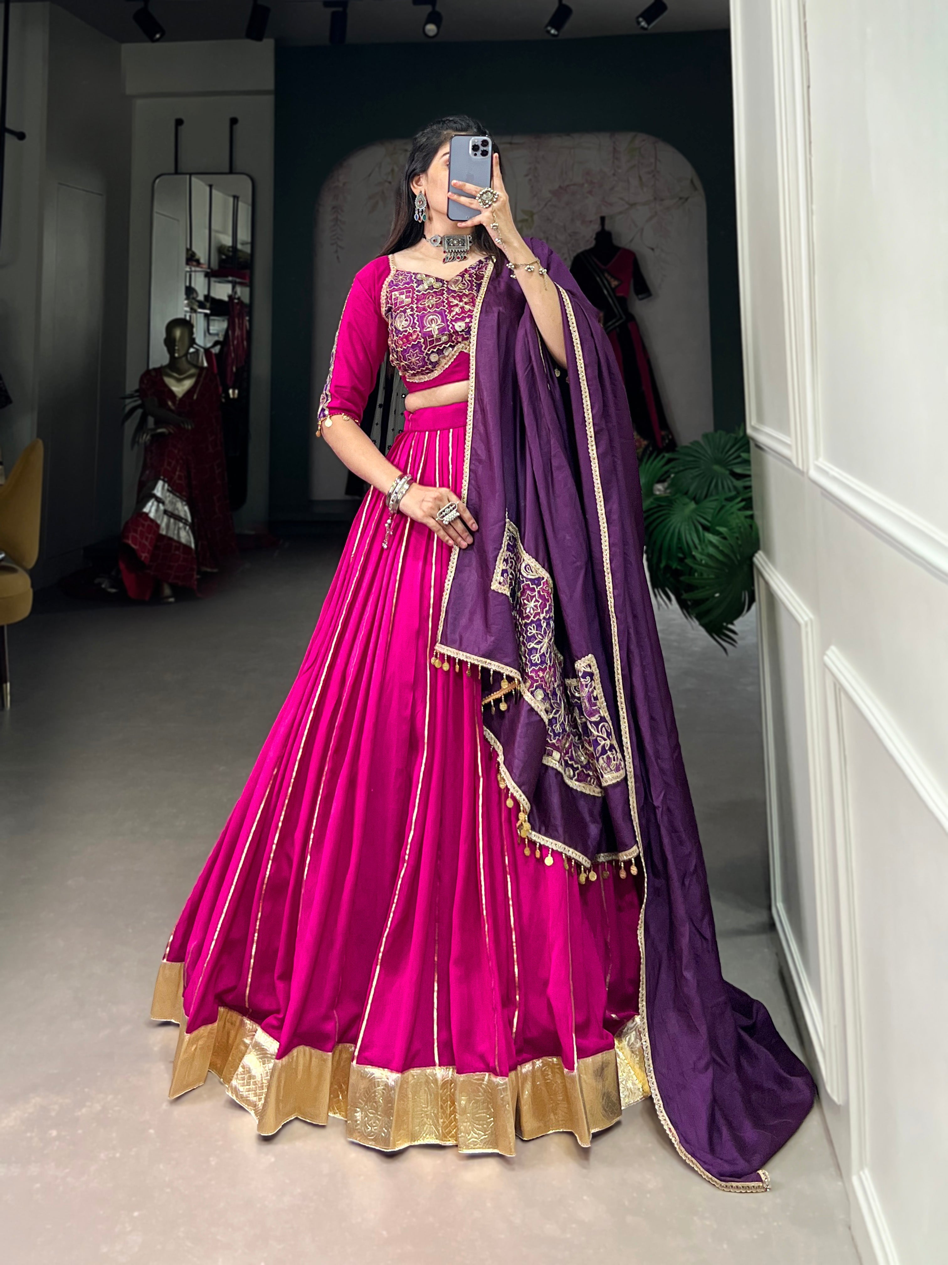 Lorenvalley Pink Chanderi Plain With Zari Line Gota Patti And Embossed Design Lace Touch Up Lehenga Choli with Dupatta