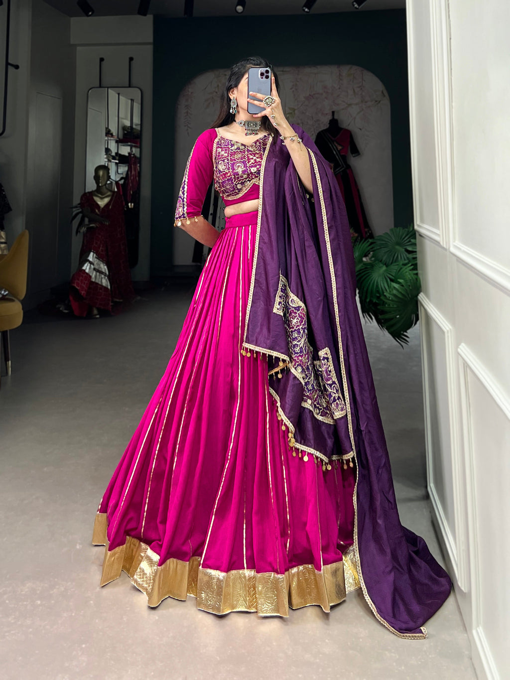 Lorenvalley Pink Chanderi Plain With Zari Line Gota Patti And Embossed Design Lace Touch Up Lehenga Choli with Dupatta