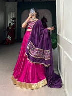 Lorenvalley Pink Chanderi Plain With Zari Line Gota Patti And Embossed Design Lace Touch Up Lehenga Choli with Dupatta