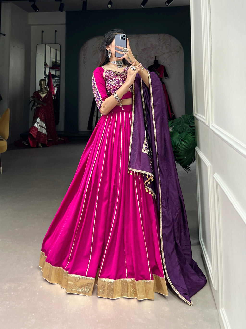 Lorenvalley Pink Chanderi Plain With Zari Line Gota Patti And Embossed Design Lace Touch Up Lehenga Choli with Dupatta