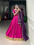 Lorenvalley Pink Chanderi Plain With Zari Line Gota Patti And Embossed Design Lace Touch Up Lehenga Choli with Dupatta