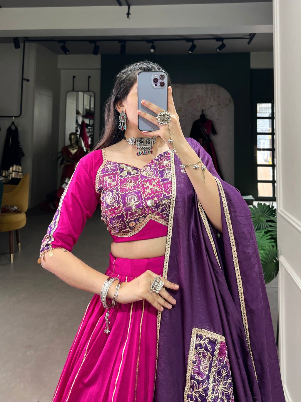 Lorenvalley Pink Chanderi Plain With Zari Line Gota Patti And Embossed Design Lace Touch Up Lehenga Choli with Dupatta