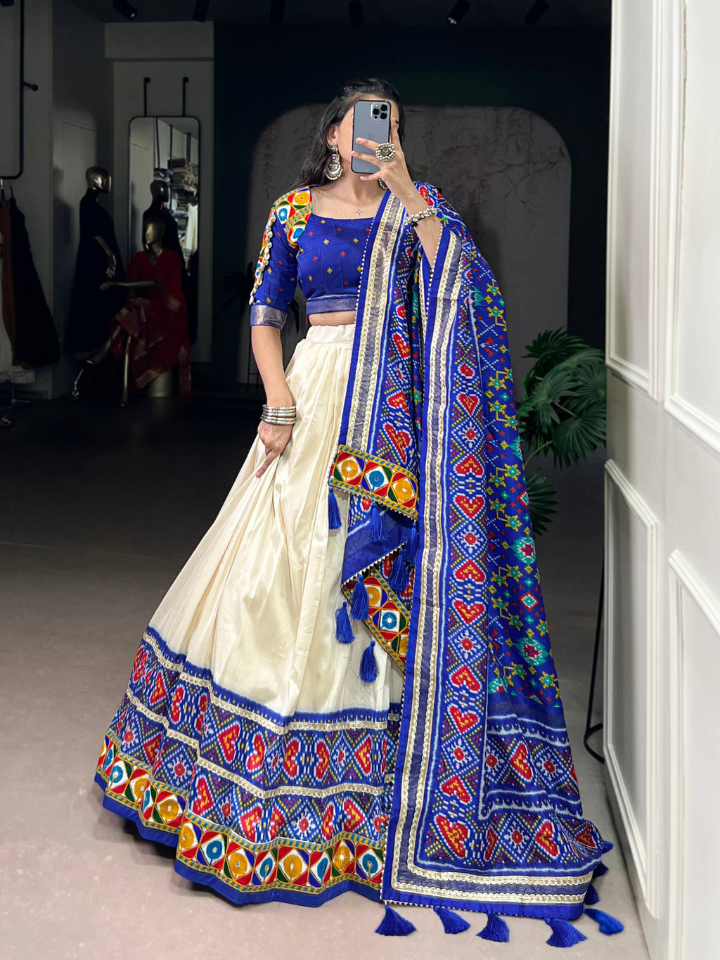 Lorenvalley Fashion Offwhite Tasar Silk Patola Print With Foil Work And Real Mirror Gamthi Work With Lace Touch Up Lehenga Choli with Dupatta