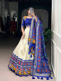 Lorenvalley Fashion Offwhite Tasar Silk Patola Print With Foil Work And Real Mirror Gamthi Work With Lace Touch Up Lehenga Choli with Dupatta