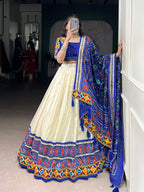Lorenvalley Fashion Offwhite Tasar Silk Patola Print With Foil Work And Real Mirror Gamthi Work With Lace Touch Up Lehenga Choli with Dupatta