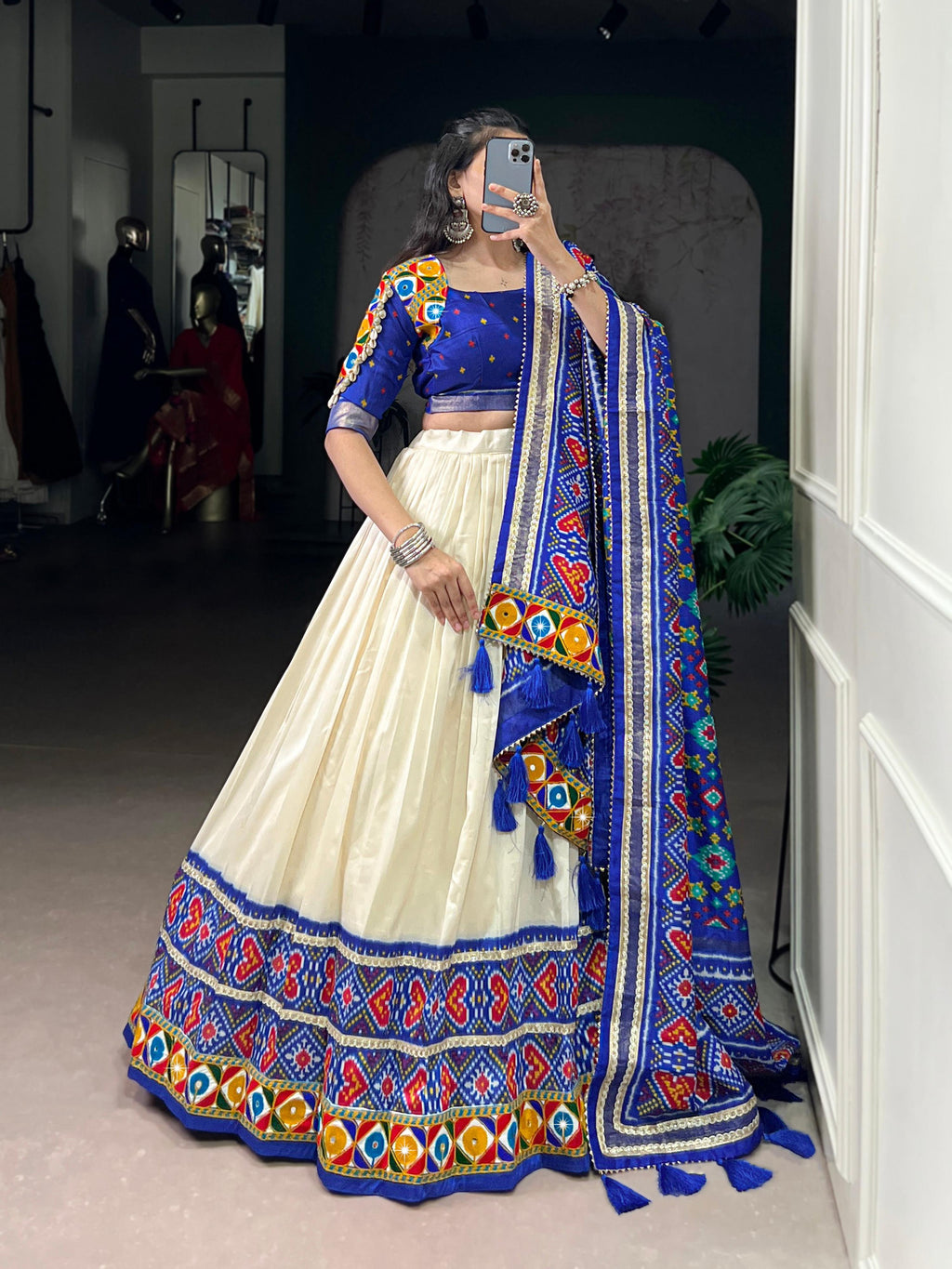 Lorenvalley Fashion Offwhite Tasar Silk Patola Print With Foil Work And Real Mirror Gamthi Work With Lace Touch Up Lehenga Choli with Dupatta