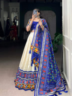 Lorenvalley Fashion Offwhite Tasar Silk Patola Print With Foil Work And Real Mirror Gamthi Work With Lace Touch Up Lehenga Choli with Dupatta