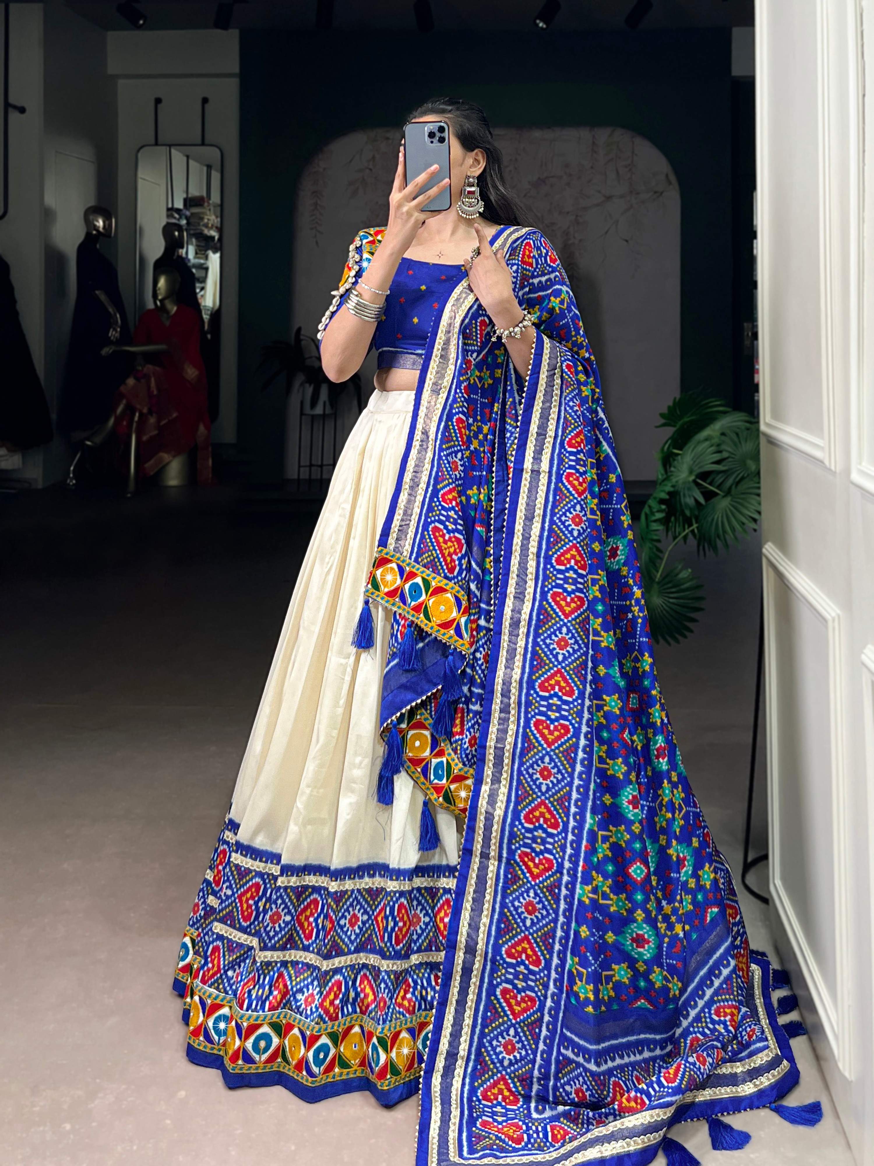 Lorenvalley Fashion Offwhite Tasar Silk Patola Print With Foil Work And Real Mirror Gamthi Work With Lace Touch Up Lehenga Choli with Dupatta