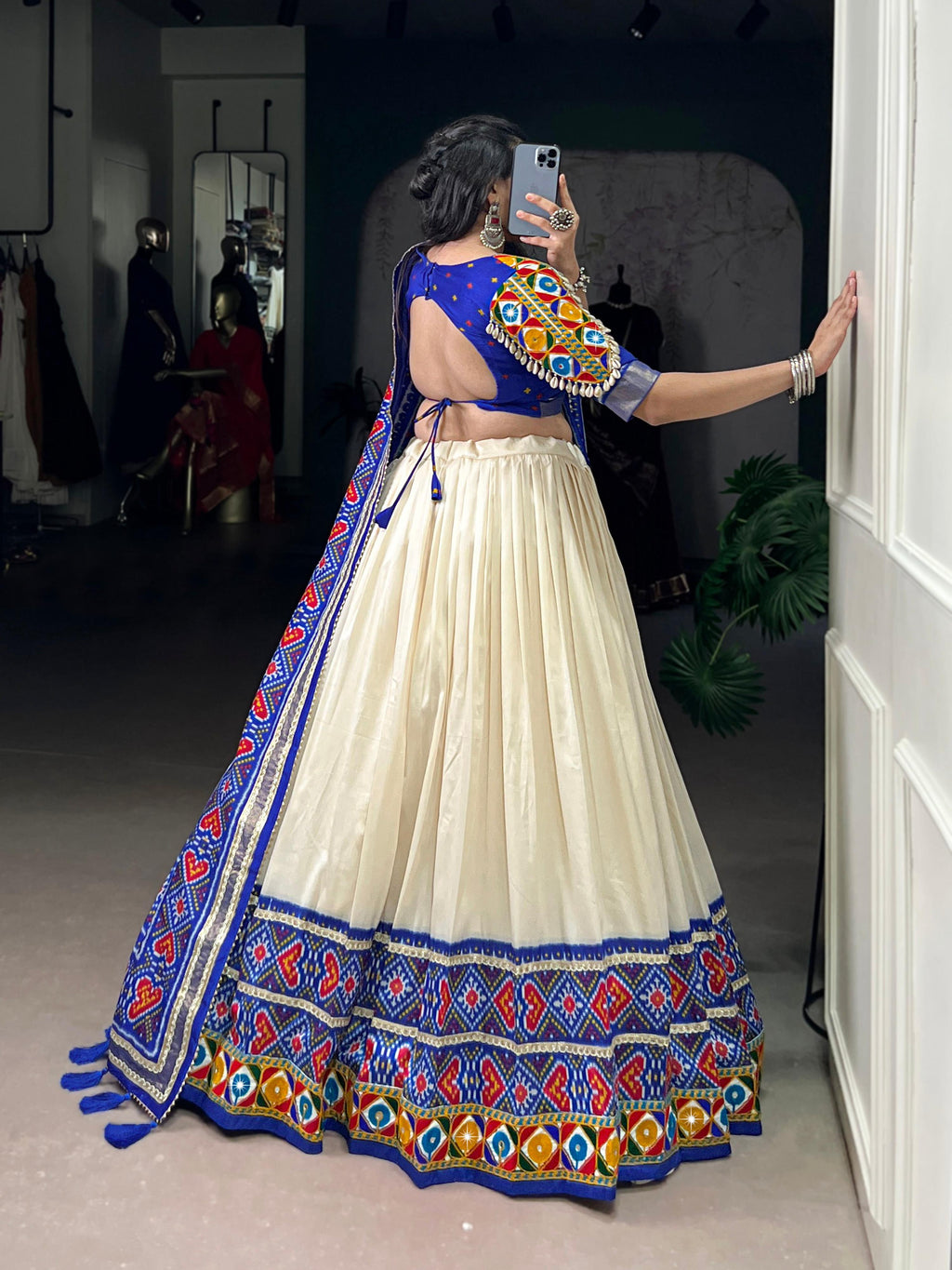 Lorenvalley Fashion Offwhite Tasar Silk Patola Print With Foil Work And Real Mirror Gamthi Work With Lace Touch Up Lehenga Choli with Dupatta