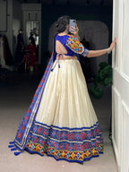 Lorenvalley Fashion Offwhite Tasar Silk Patola Print With Foil Work And Real Mirror Gamthi Work With Lace Touch Up Lehenga Choli with Dupatta
