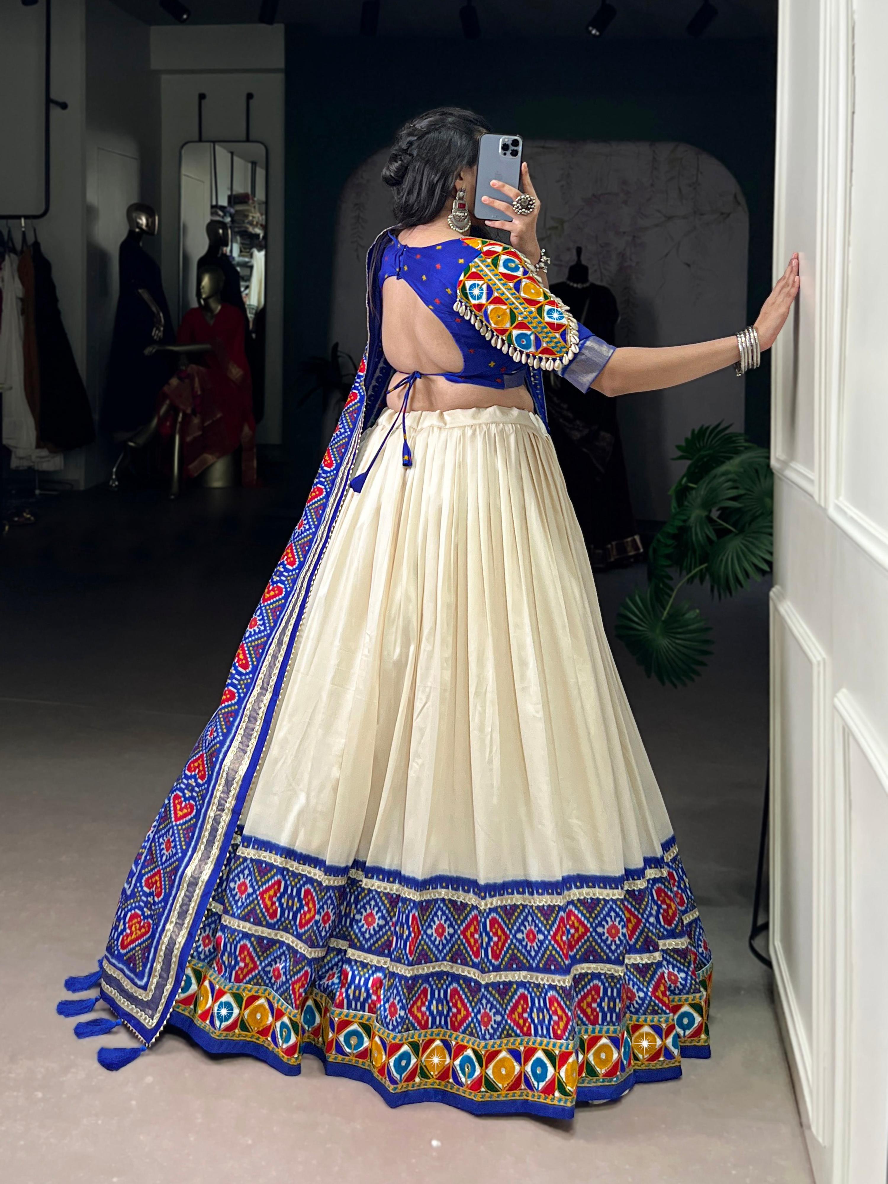 Lorenvalley Fashion Offwhite Tasar Silk Patola Print With Foil Work And Real Mirror Gamthi Work With Lace Touch Up Lehenga Choli with Dupatta