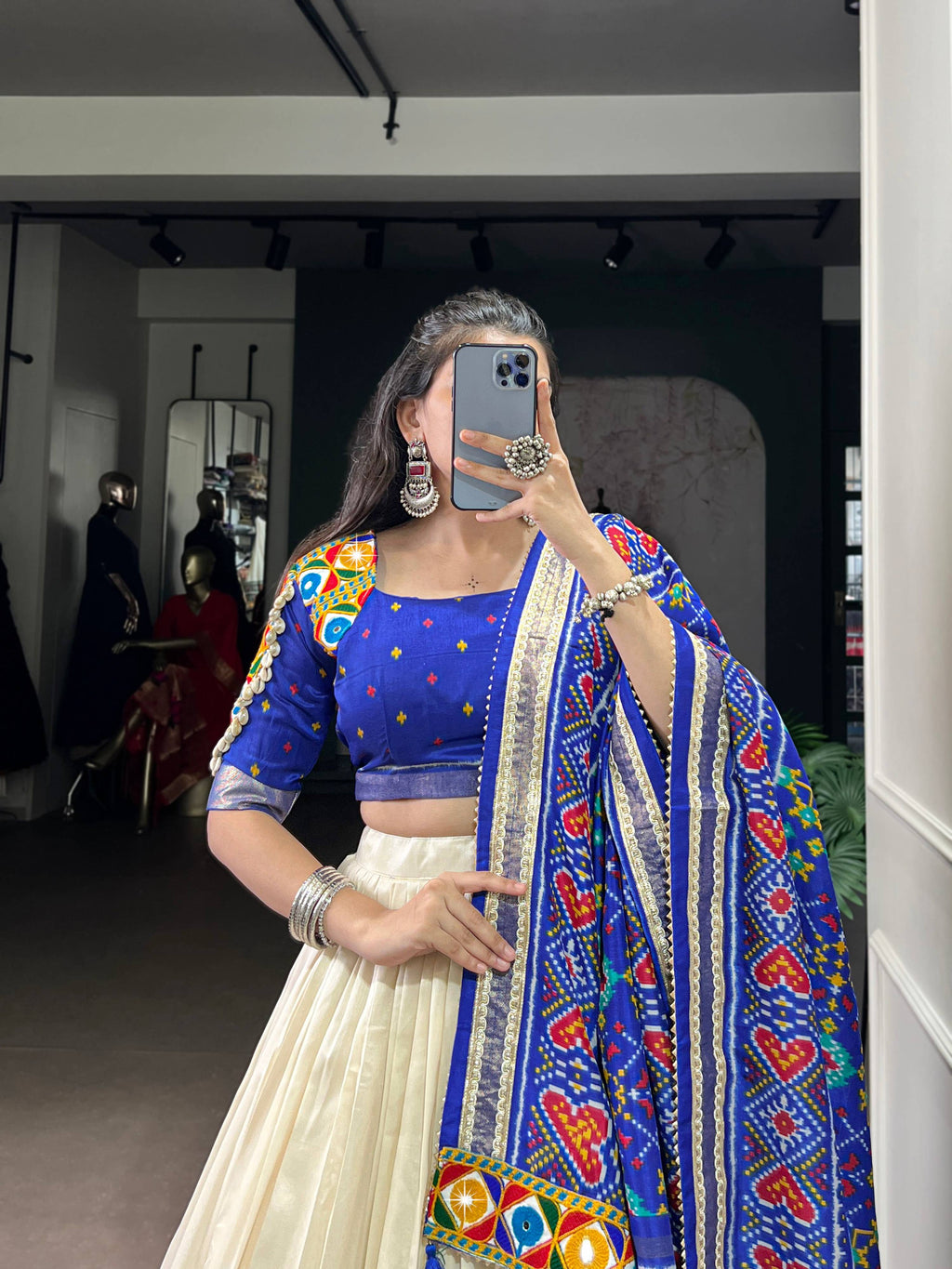 Lorenvalley Fashion Offwhite Tasar Silk Patola Print With Foil Work And Real Mirror Gamthi Work With Lace Touch Up Lehenga Choli with Dupatta