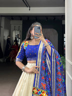 Lorenvalley Fashion Offwhite Tasar Silk Patola Print With Foil Work And Real Mirror Gamthi Work With Lace Touch Up Lehenga Choli with Dupatta