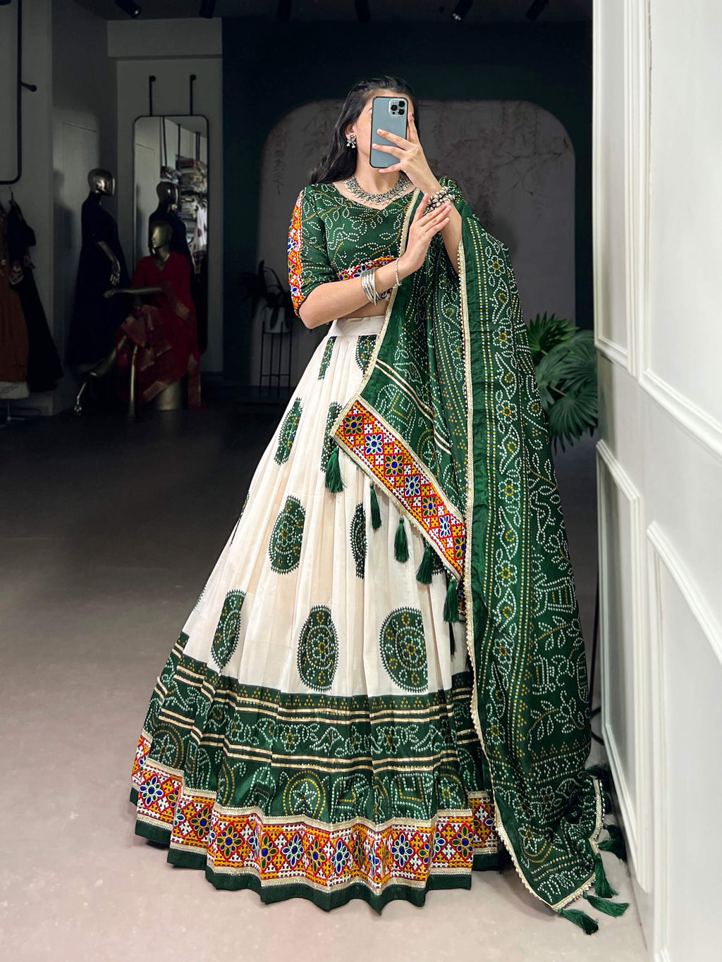 Lorenvalley Fashion Offwhite Tasar Silk Bandhej Print and Gamthi Work with Lace Touch Up Lehenga Choli with Dupatta