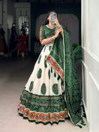 Lorenvalley Fashion Offwhite Tasar Silk Bandhej Print and Gamthi Work with Lace Touch Up Lehenga Choli with Dupatta