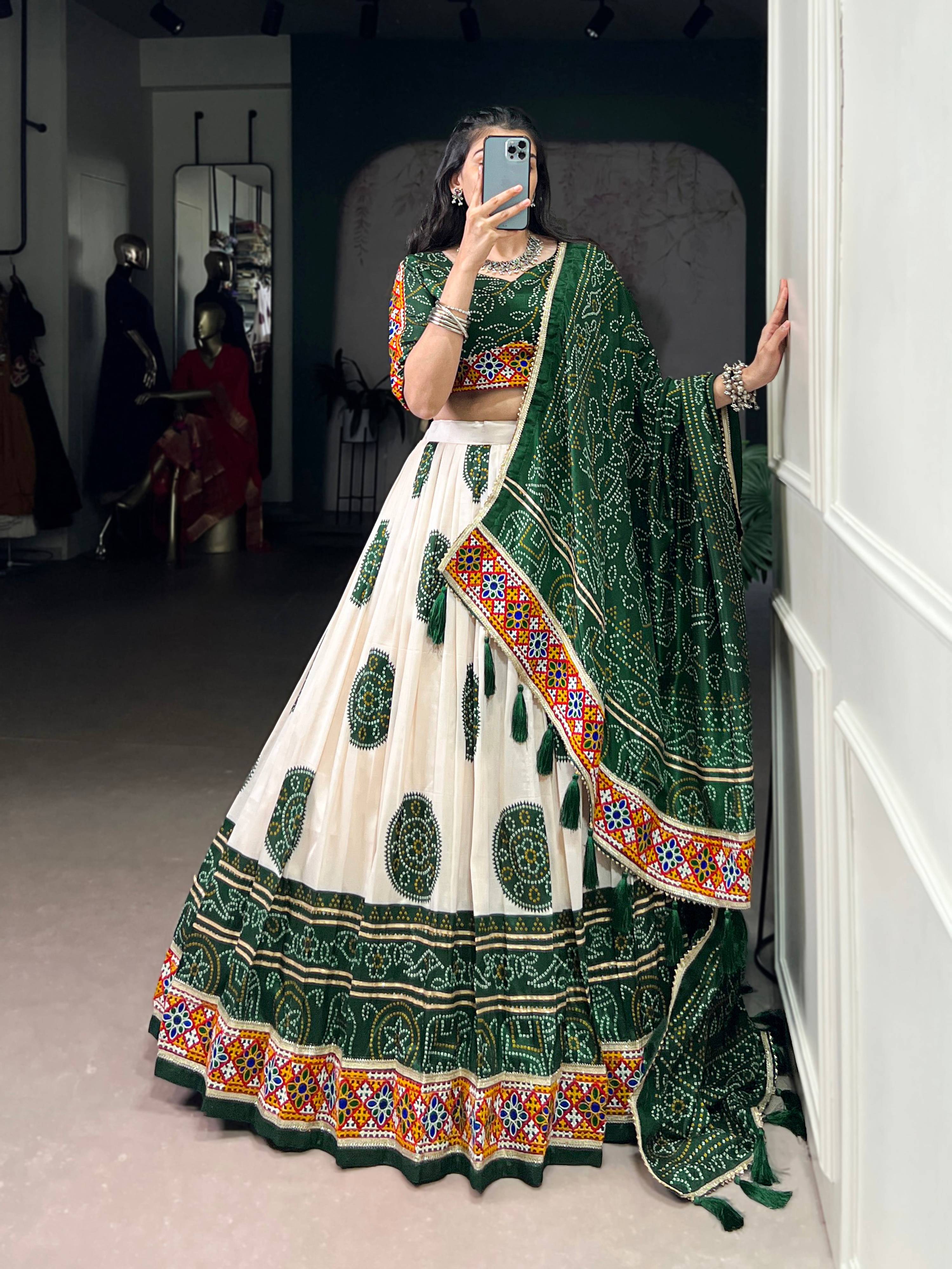 Lorenvalley Fashion Offwhite Tasar Silk Bandhej Print and Gamthi Work with Lace Touch Up Lehenga Choli with Dupatta