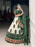 Lorenvalley Fashion Offwhite Tasar Silk Bandhej Print and Gamthi Work with Lace Touch Up Lehenga Choli with Dupatta