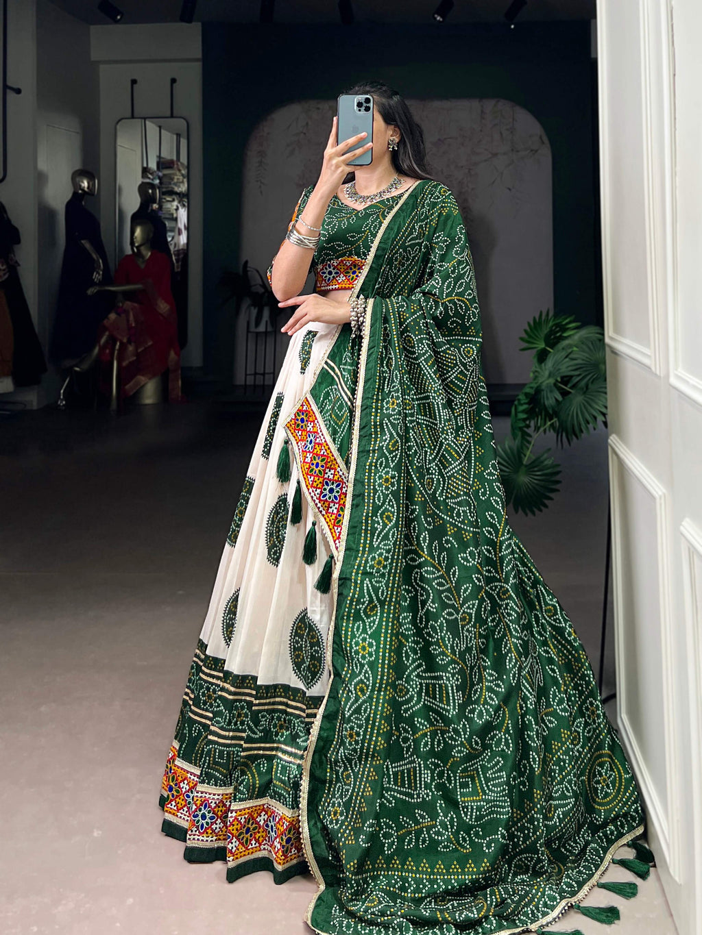 Lorenvalley Fashion Offwhite Tasar Silk Bandhej Print and Gamthi Work with Lace Touch Up Lehenga Choli with Dupatta