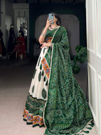Lorenvalley Fashion Offwhite Tasar Silk Bandhej Print and Gamthi Work with Lace Touch Up Lehenga Choli with Dupatta