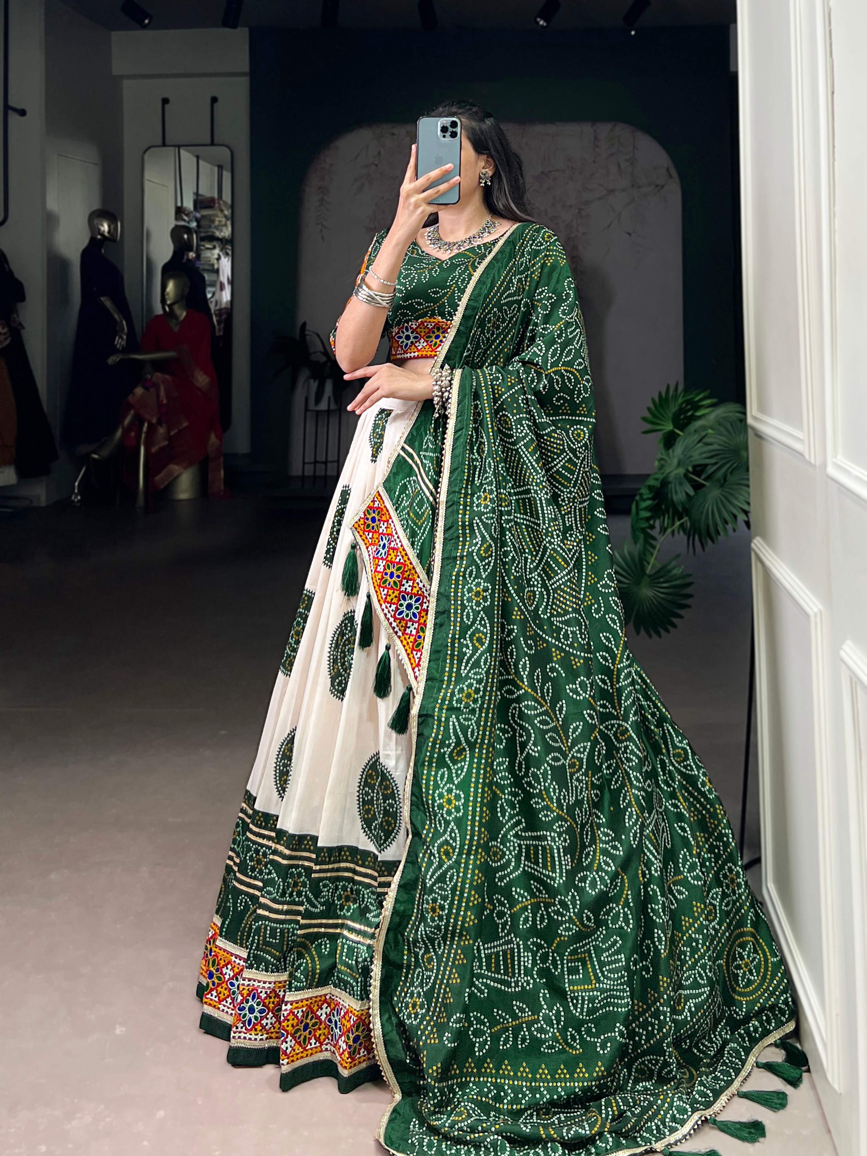 Lorenvalley Fashion Offwhite Tasar Silk Bandhej Print and Gamthi Work with Lace Touch Up Lehenga Choli with Dupatta