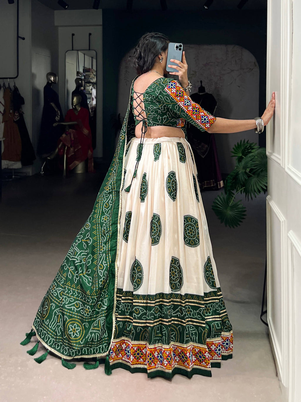 Lorenvalley Fashion Offwhite Tasar Silk Bandhej Print and Gamthi Work with Lace Touch Up Lehenga Choli with Dupatta