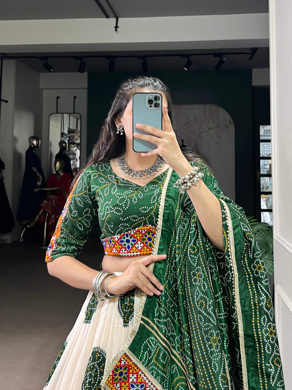 Lorenvalley Fashion Offwhite Tasar Silk Bandhej Print and Gamthi Work with Lace Touch Up Lehenga Choli with Dupatta