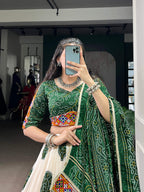 Lorenvalley Fashion Offwhite Tasar Silk Bandhej Print and Gamthi Work with Lace Touch Up Lehenga Choli with Dupatta