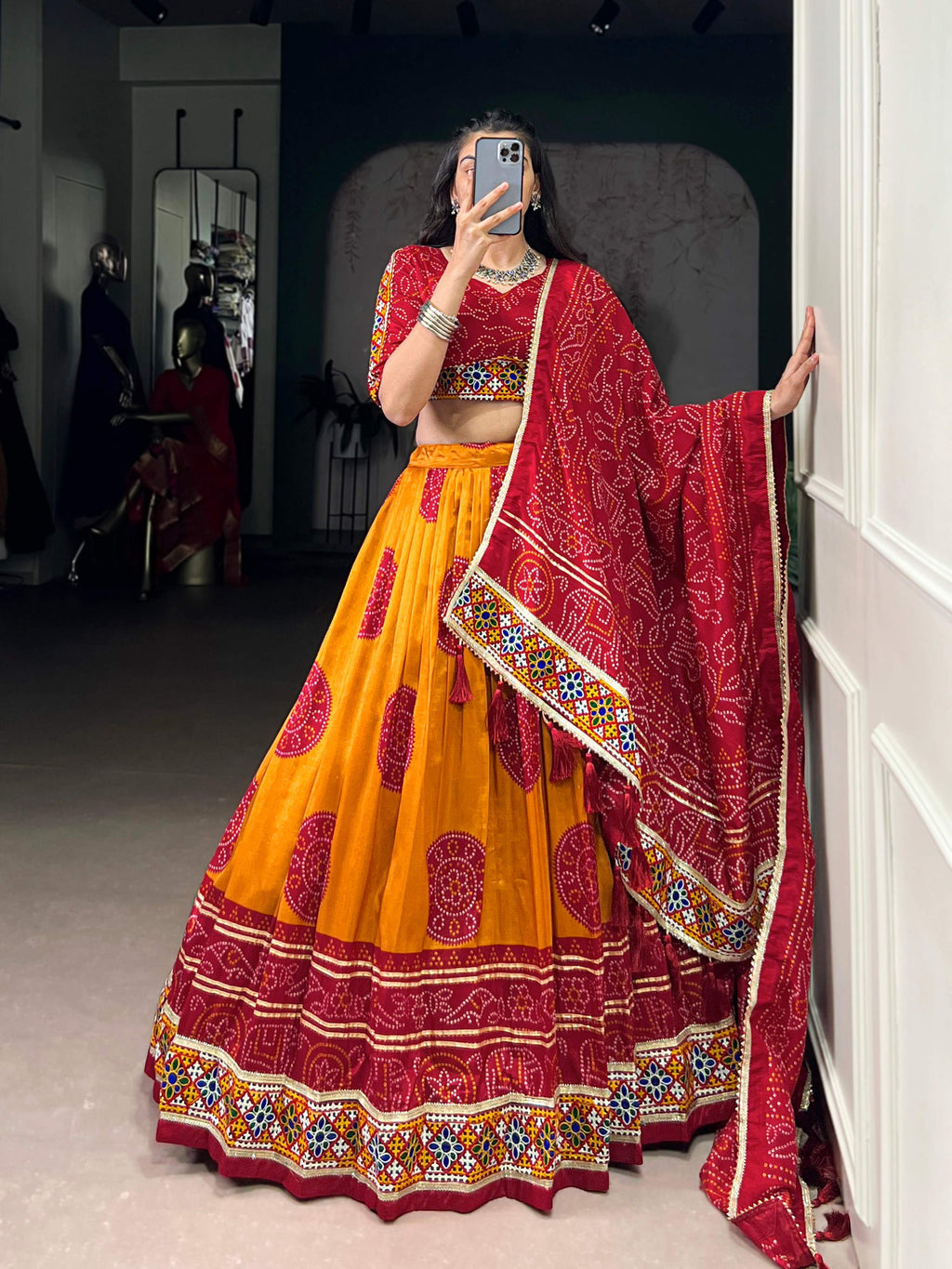 Lorenvalley Fashion Mustard Tasar Silk Bandhej Print and Gamthi Work with Lace Touch Up Lehenga Choli with Dupatta