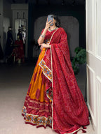 Lorenvalley Fashion Mustard Tasar Silk Bandhej Print and Gamthi Work with Lace Touch Up Lehenga Choli with Dupatta