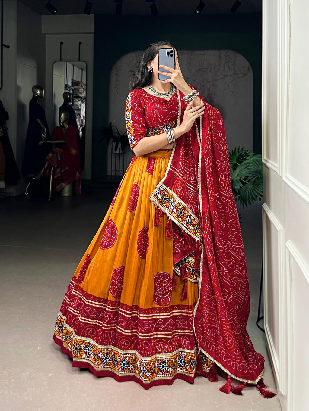 Lorenvalley Fashion Mustard Tasar Silk Bandhej Print and Gamthi Work with Lace Touch Up Lehenga Choli with Dupatta