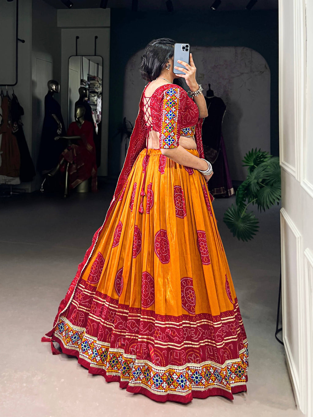Lorenvalley Fashion Mustard Tasar Silk Bandhej Print and Gamthi Work with Lace Touch Up Lehenga Choli with Dupatta