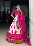 Lorenvalley Fashion Offwhite Tasar Silk Bandhej Print and Gamthi Work with Lace Touch Up Lehenga Choli with Dupatta