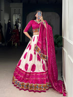 Lorenvalley Fashion Offwhite Tasar Silk Bandhej Print and Gamthi Work with Lace Touch Up Lehenga Choli with Dupatta