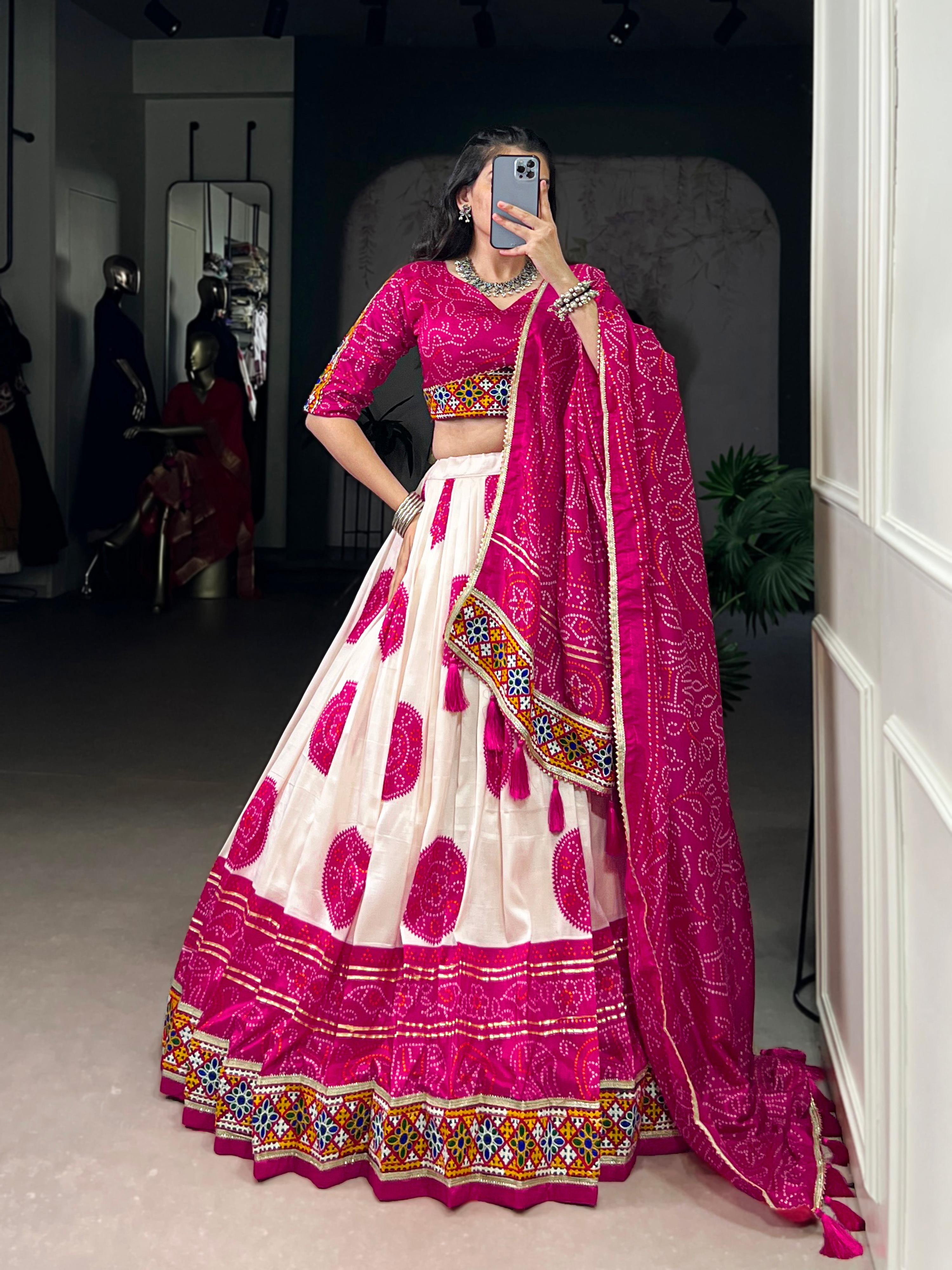 Lorenvalley Fashion Offwhite Tasar Silk Bandhej Print and Gamthi Work with Lace Touch Up Lehenga Choli with Dupatta