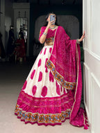 Lorenvalley Fashion Offwhite Tasar Silk Bandhej Print and Gamthi Work with Lace Touch Up Lehenga Choli with Dupatta