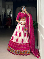 Lorenvalley Fashion Offwhite Tasar Silk Bandhej Print and Gamthi Work with Lace Touch Up Lehenga Choli with Dupatta
