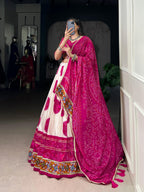 Lorenvalley Fashion Offwhite Tasar Silk Bandhej Print and Gamthi Work with Lace Touch Up Lehenga Choli with Dupatta
