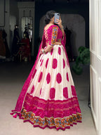 Lorenvalley Fashion Offwhite Tasar Silk Bandhej Print and Gamthi Work with Lace Touch Up Lehenga Choli with Dupatta
