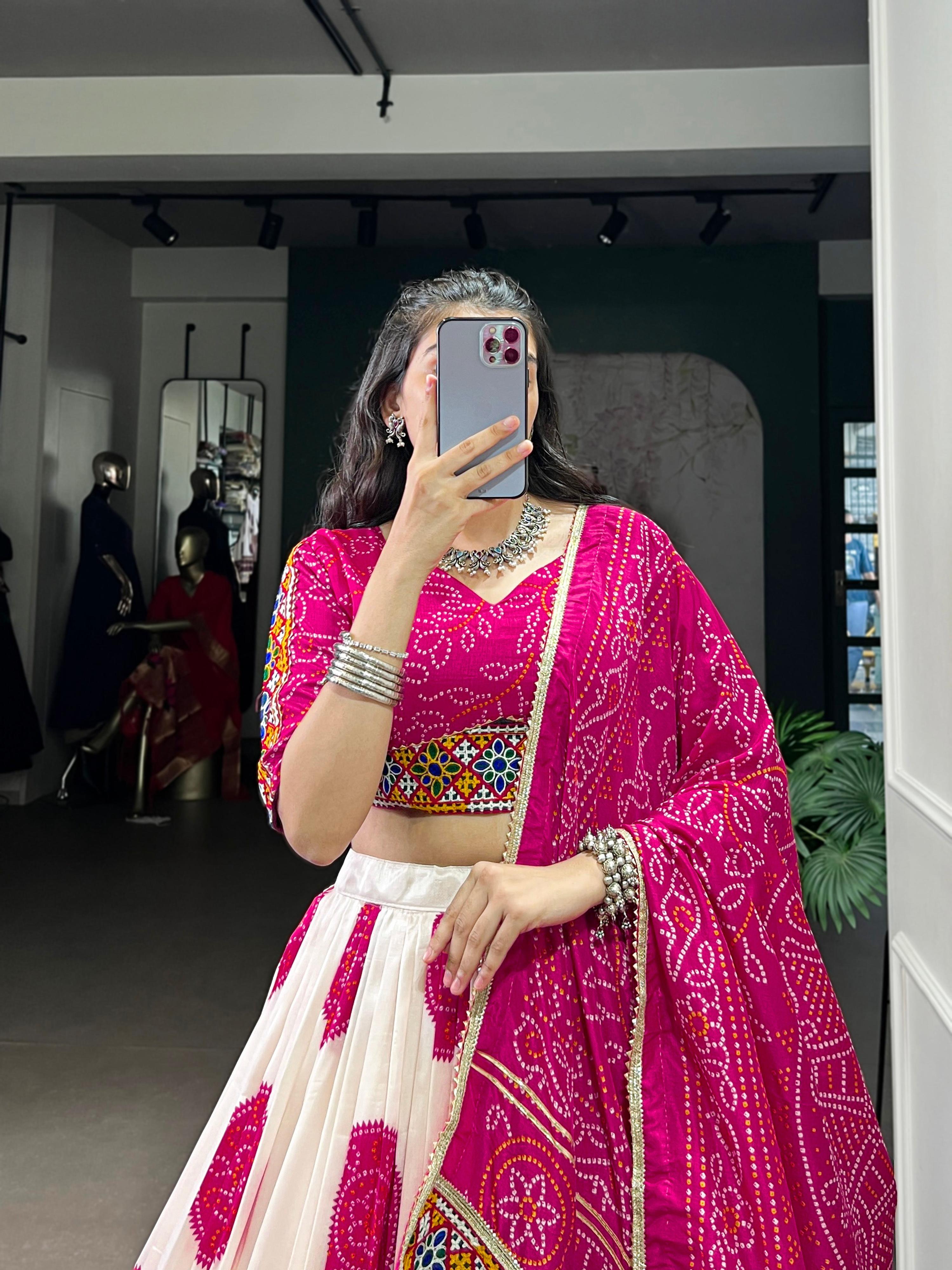 Lorenvalley Fashion Offwhite Tasar Silk Bandhej Print and Gamthi Work with Lace Touch Up Lehenga Choli with Dupatta