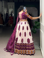 Lorenvalley Fashion Offwhite Tasar Silk Bandhej Print and Gamthi Work with Lace Touch Up Lehenga Choli with Dupatta