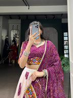 Lorenvalley Fashion Offwhite Tasar Silk Bandhej Print and Gamthi Work with Lace Touch Up Lehenga Choli with Dupatta