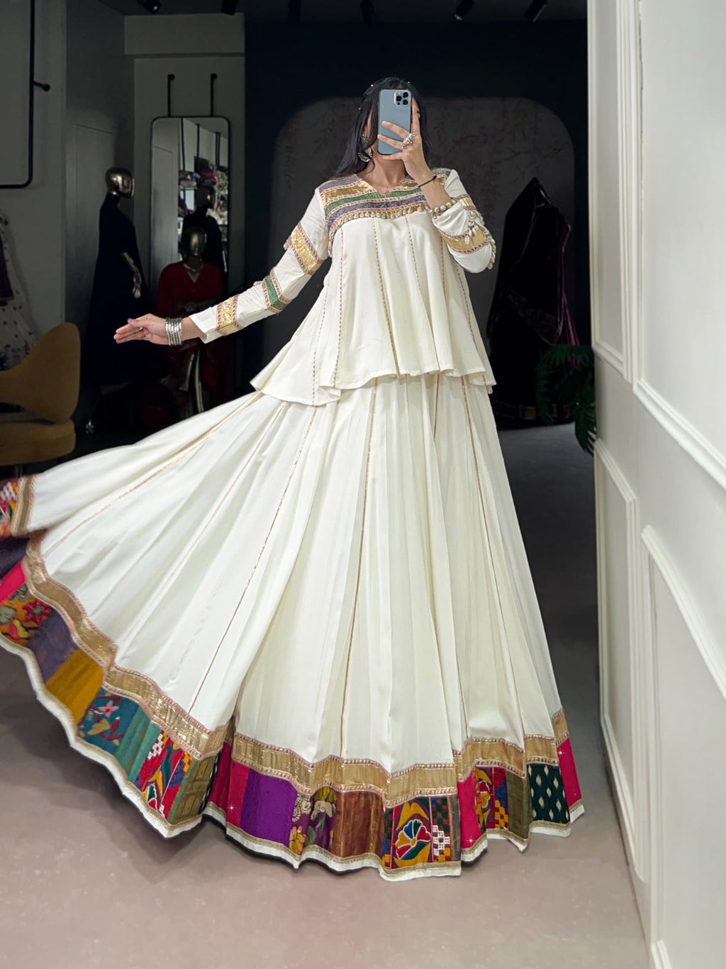 Lorenvalley Fashion White Pure Rayon Multi Patch Work With Gota Patti Lace Touch Up Lehenga Choli