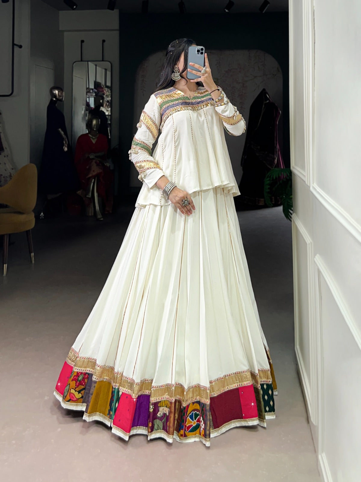 Lorenvalley Fashion White Pure Rayon Multi Patch Work With Gota Patti Lace Touch Up Lehenga Choli