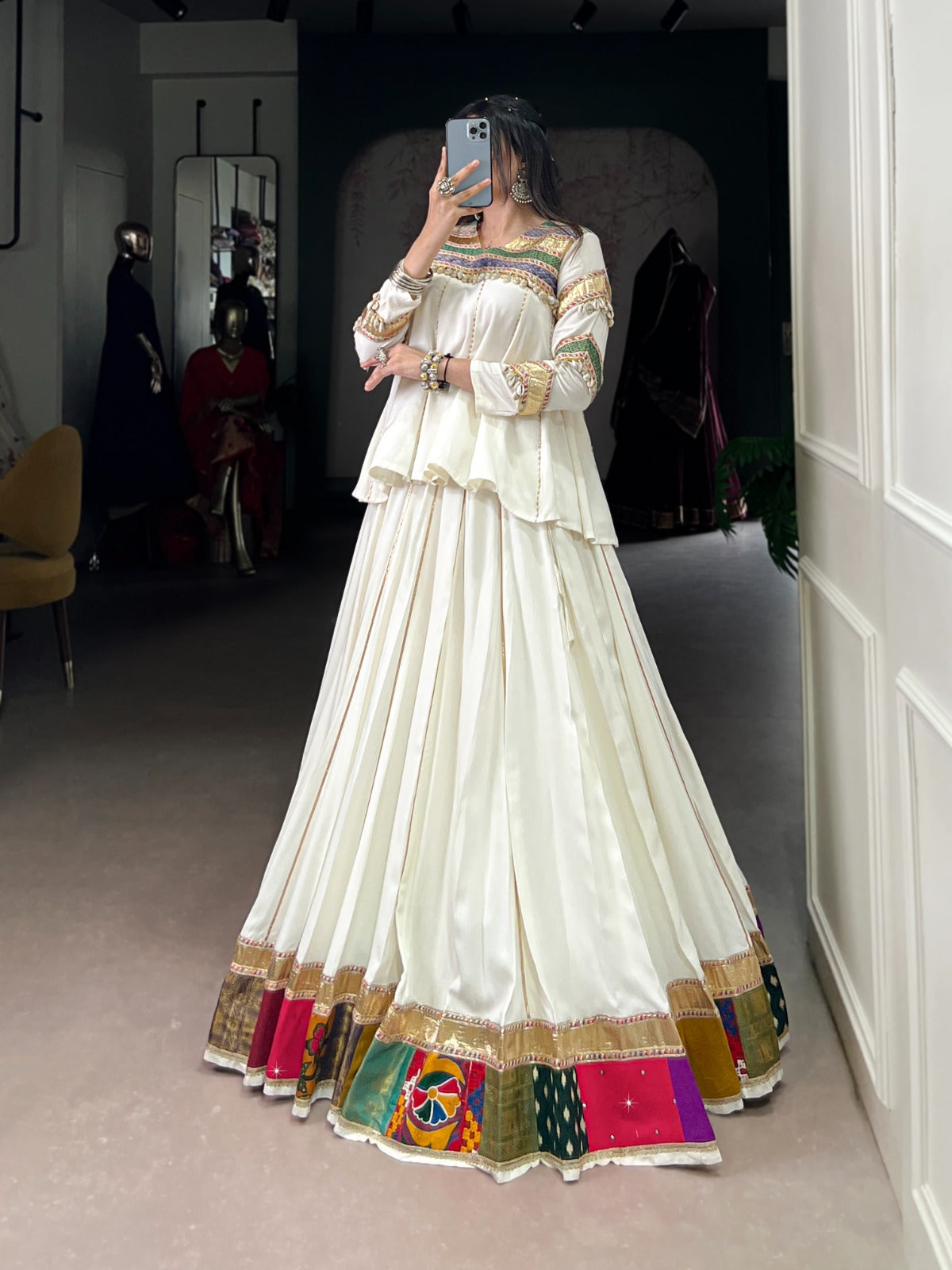 Lorenvalley Fashion White Pure Rayon Multi Patch Work With Gota Patti Lace Touch Up Lehenga Choli
