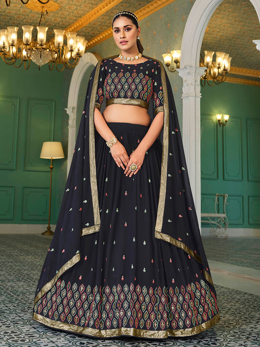 Myra Navy Blue Georgette Embroidered Designer Lehenga