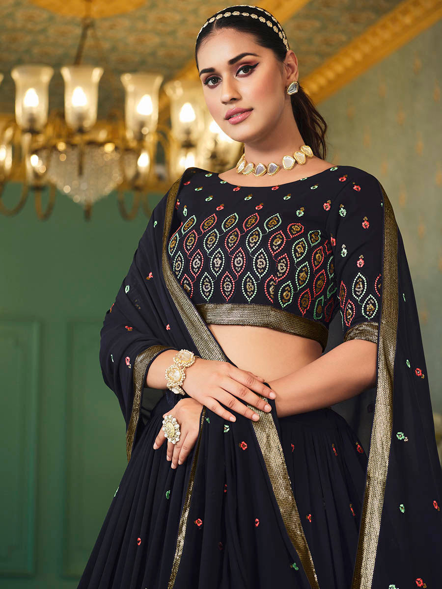 Myra Navy Blue Georgette Embroidered Designer Lehenga