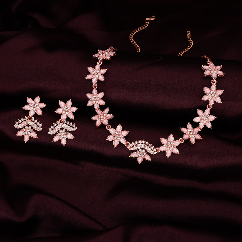 Tehzeeb Creations Baby Pink Colour Star Design Stone Studded Necklace With Earrings