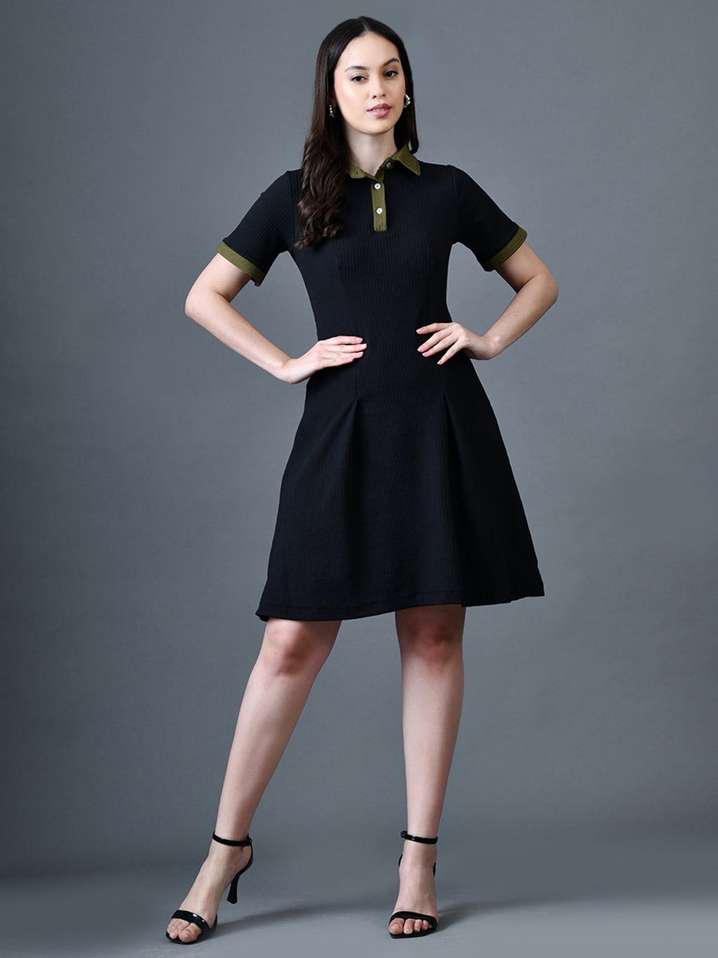 Myshka Women Black Polyester A-Line Shirt Collar Solid Above Knee Short Sleeves Dresses - Distacart